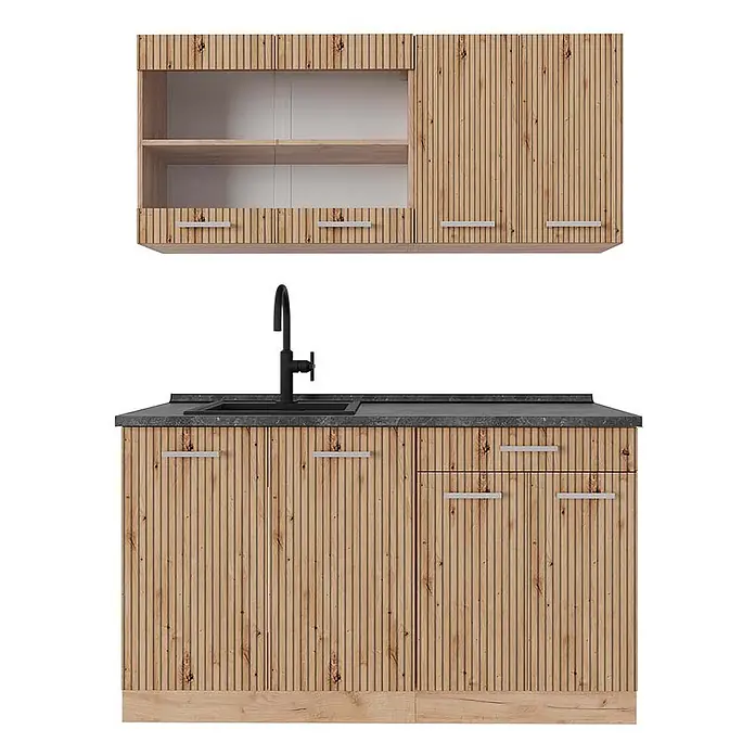 Vicco Singleküche R-Line, Artisan-Eiche/Goldkraft Eiche, 140 cm -  - Küchenschrank-Set mit hellbraunen geriffelten Holzfronten, dunkelgrauer Arbeitsplatte und schwarzem Spülbecken.