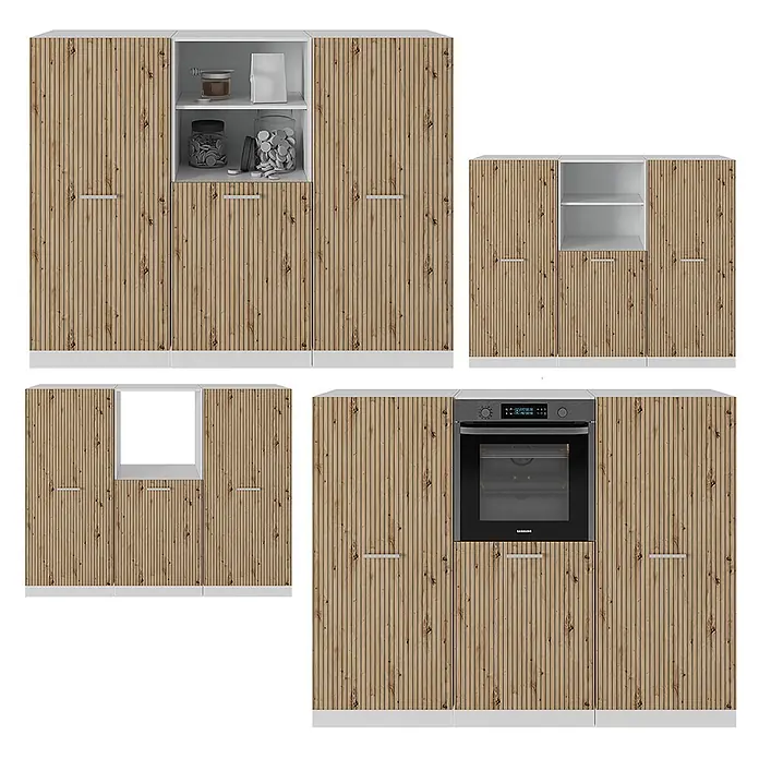 Vicco Küchenleerblock R-Line Artisan Eiche/Weiß ohne Arbeitsplatte - Artisan-Eiche - Küchenschränke im Lamellenholz-Design und Weiß, mit Stauraum, offenen Regalen und integriertem Backofen.