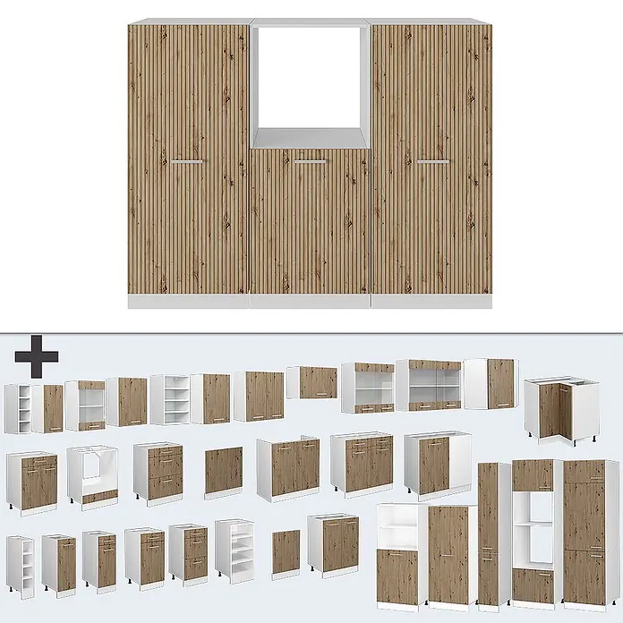 Vicco Küchenleerblock R-Line Artisan Eiche/Weiß ohne Arbeitsplatte - Artisan-Eiche - Modulare Küchenschränke mit hellen, geriffelten Türen in Holzoptik und weißen Elementen.