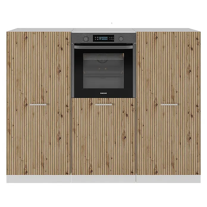 Vicco Küchenleerblock R-Line Artisan Eiche/Weiß ohne Arbeitsplatte - Breite: 180 cm, Artisan-Eiche - Helle Küchenschrankkombination in Holzoptik mit vertikalen Lamellen und integriertem schwarz-grauem Backofen.