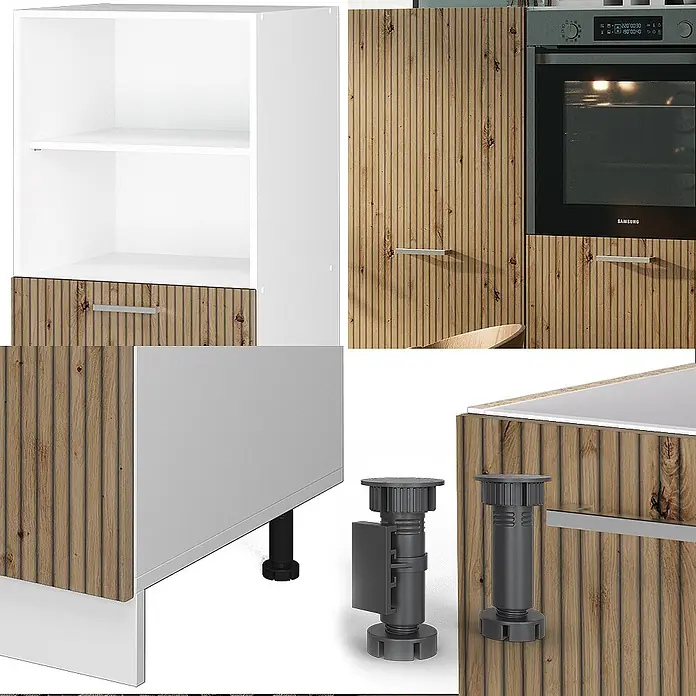 Vicco Küchenleerblock R-Line Artisan Eiche/Weiß ohne Arbeitsplatte - Artisan-Eiche - Modulare Küchenschränke mit weißen Rahmen, geriffelten Holztüren/-schubladen, silbernen Griffen und verstellbaren dunkelgrauen Füßen.