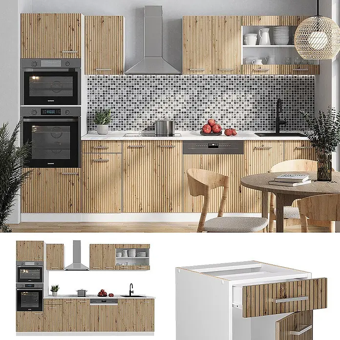 Vicco Küchenzeile R-Line Artisan Eiche/Weiß mit Hochschrank, AP Marmor - Breite: 300 cm, Artisan-Eiche, Ohne Elektrogeräte - Moderne Küche mit hellen Holzlamellenfronten, integrierten Öfen, Geschirrspüler und Spüle.
