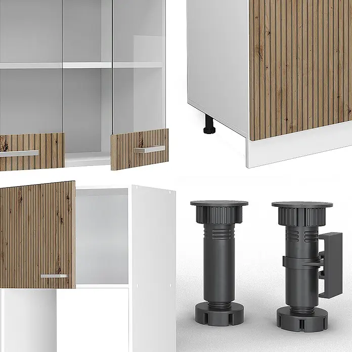 Vicco Küchenzeile R-Line Artisan Eiche/Weiß mit Hochschrank, AP Marmor - Breite: 300 cm, Artisan-Eiche, Ohne Elektrogeräte - Modulare Möbelteile: weiße Schränke mit geriffelten Holztüren/Akzenten und Glas, sowie schwarze verstellbare Kunststofffüße.