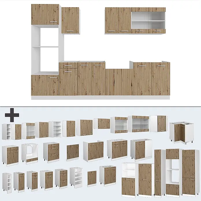 Vicco Küchenzeile R-Line Artisan Eiche/Weiß mit Hochschrank, AP Marmor - Breite: 300 cm, Artisan-Eiche, Ohne Elektrogeräte - Modulares Küchenschrank-Set mit Holzoptik-Fronten und weißen Rahmen. Enthält Unter-, Ober- und Hochschränke.