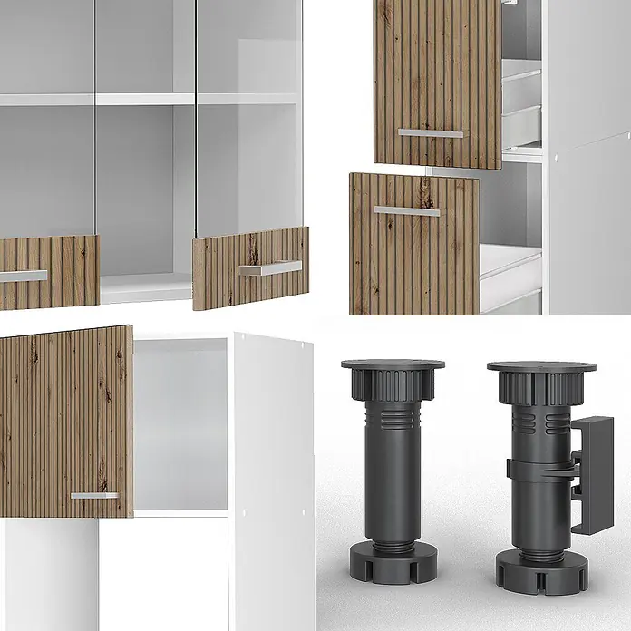 Vicco Küchenzeile R-Line Artisan Eiche/Weiß mit Hochschrank, AP Eiche - Breite: 350 cm, Artisan-Eiche, Ohne Elektrogeräte - Modulare Möbelteile: geriffelte Holztüren, Glasfronten, weiße Schränke und dunkle, verstellbare Kunststofffüße.