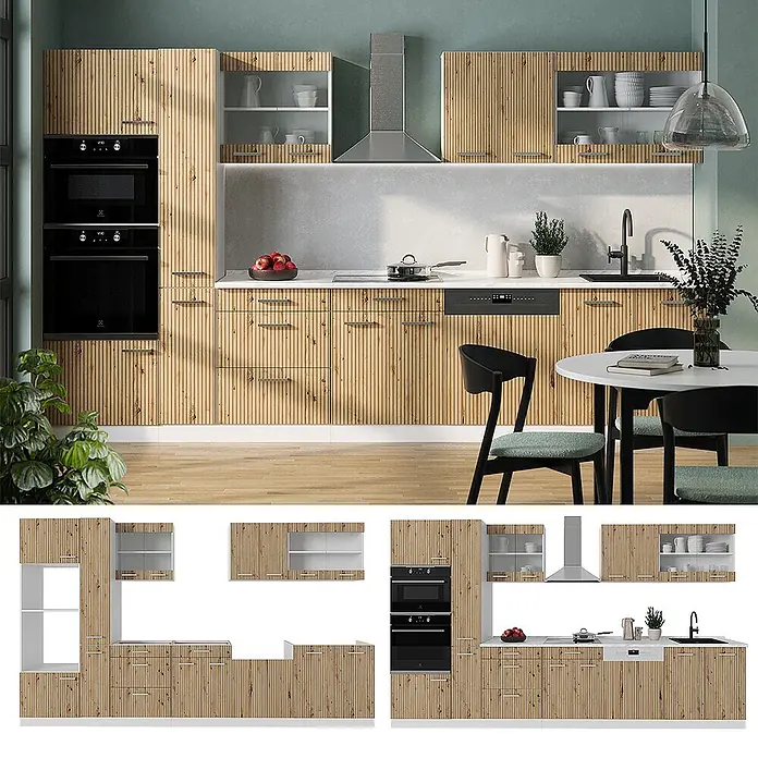 Vicco Küchenzeile R-Line Artisan Eiche/Weiß mit Hochschrank, AP Eiche - Breite: 350 cm, Artisan-Eiche, Ohne Elektrogeräte - Moderne Küche mit naturbelassenen Holzschränken im Lamellendesign, Einbaugeräten und Essbereich.