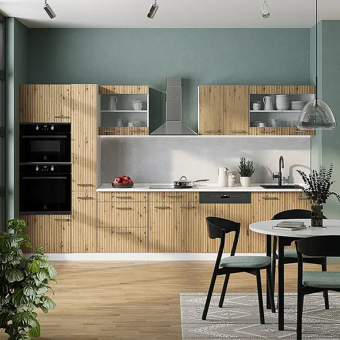 Vicco Küchenzeile R-Line Artisan Eiche/Weiß mit Hochschrank, AP Eiche - Breite: 350 cm, Artisan-Eiche, Ohne Elektrogeräte - Moderne Küche mit hellen Holzlamellenfronten und integrierten Geräten.