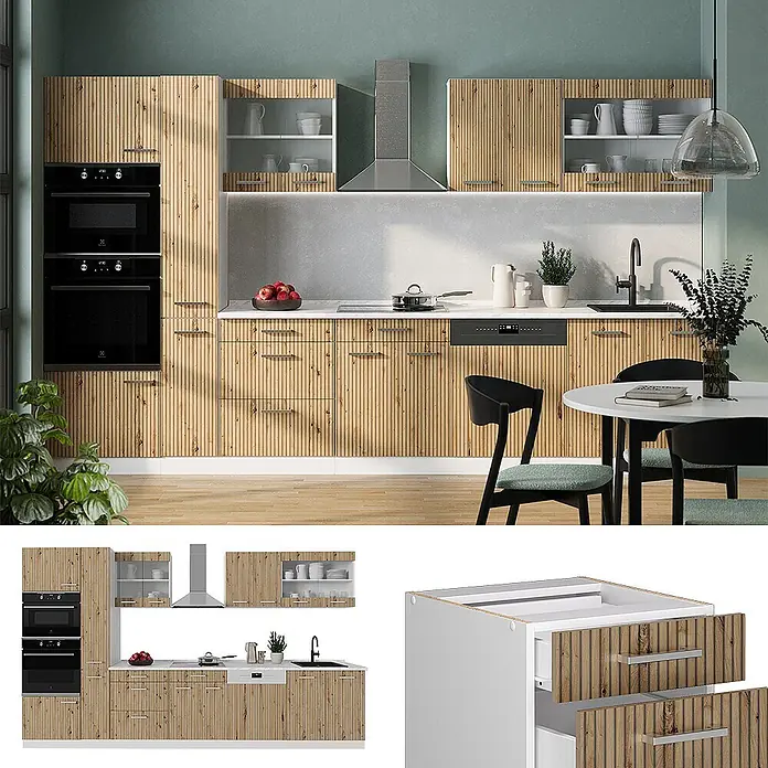 Vicco Küchenzeile R-Line Artisan Eiche/Weiß mit Hochschrank, AP Eiche - Breite: 350 cm, Artisan-Eiche, Ohne Elektrogeräte - Moderne Küche mit hellen Holzfronten im Lamellendesign, integrierten Geräten und einem Essbereich.