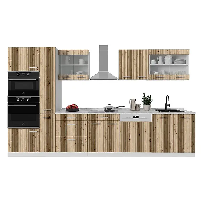 Vicco Küchenzeile R-Line Artisan Eiche/Weiß mit Hochschrank, AP Eiche - Breite: 350 cm, Artisan-Eiche, Ohne Elektrogeräte - Moderne Küchenzeile mit hellen, vertikal geriffelten Holzfronten, schwarzen Einbaugeräten und weißer Arbeitsplatte.