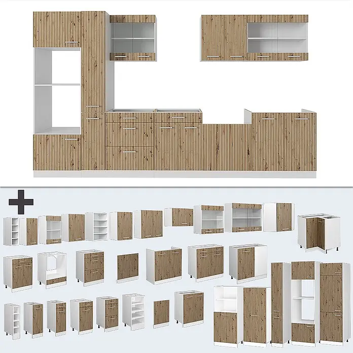 Vicco Küchenzeile R-Line Artisan Eiche/Weiß mit Hochschrank, AP Eiche - Breite: 350 cm, Artisan-Eiche, Ohne Elektrogeräte - Modulare Küchenschränke mit hellen Holzfronten und weißen Rahmen, bestehend aus Unter-, Ober- und Hochschränken.