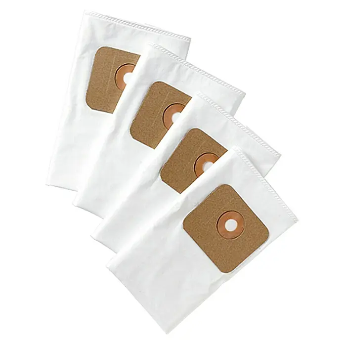 Nilfisk Staubsaugerbeutel - 4 Stk. - Weiße Staubsaugerbeutel mit braunem Anschlussstück in einer Reihe. Ideal für eine saubere und effiziente Staubaufnahme beim Staubsaugen.