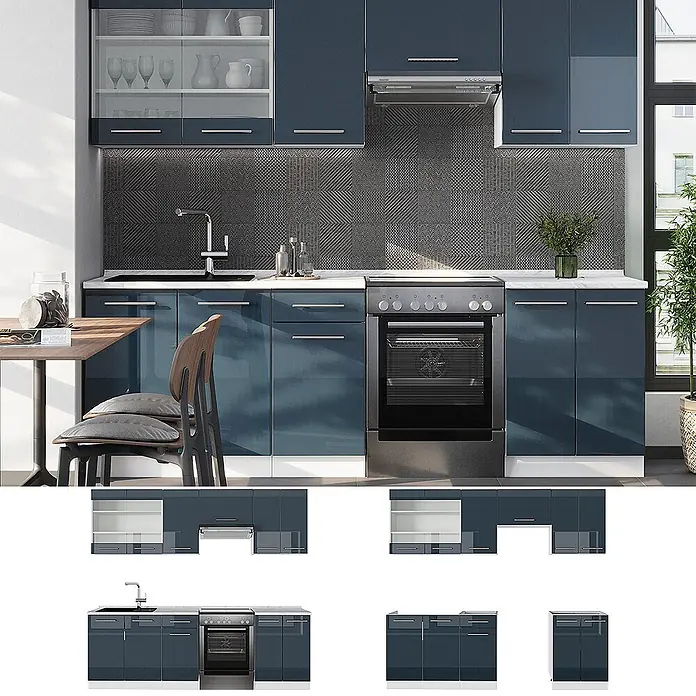 Vicco Küchenzeile Fame-Line Dunkelblau Hochglanz/Weiß, AP Anthrazit - Dunkelblau Hochglanz, Ohne Elektrogeräte - Glänzende dunkelblaue modulare Küche mit weißen Arbeitsplatten, mit Ober- und Unterschränken, Spüle und Backofen.