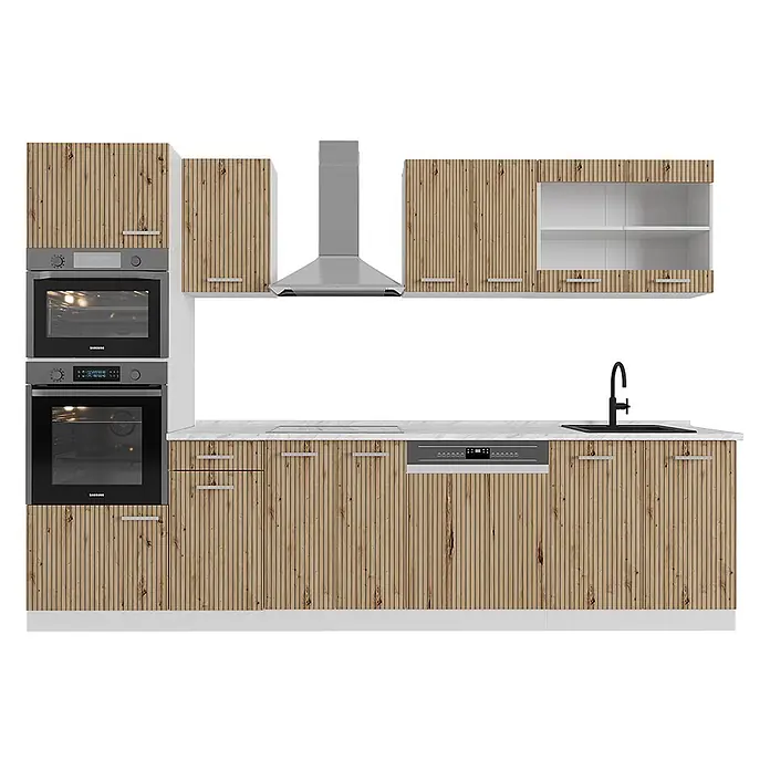 Vicco Küchenzeile R-Line Artisan Eiche/Weiß mit Hochschrank, AP Marmor - Breite: 300 cm, Artisan-Eiche, Ohne Elektrogeräte - Moderne Küche mit Holzlamellen-Schränken, weißen Arbeitsplatten, Einbauöfen, Geschirrspüler und Spüle.