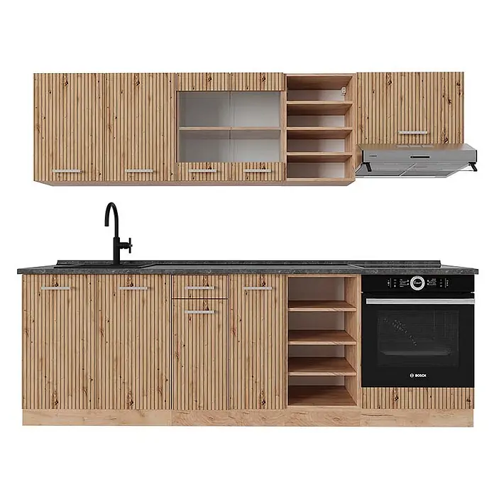 Vicco Küchenzeile R-Line Artisan-Eiche/Goldkraft Eiche, AP Anthrazit - Breite: 240 cm, Artisan-Eiche, Ohne Elektrogeräte - Moderne Holzküche mit geriffelten Schränken, dunkler Arbeitsplatte, schwarzen Geräten und offenen Regalen.
