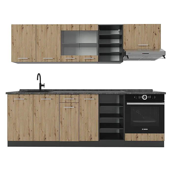 Vicco Küchenzeile R-Line Artisan Eiche/Anthrazit ohne Arbeitsplatte - Breite: 240 cm, Artisan-Eiche, Ohne Elektrogeräte - Modernes Küchenset mit hellen Holzlamellenfronten, dunkelgrauen Arbeitsplatten, integriertem Backofen, Kochfeld, Spüle und Dunstabzugshaube.