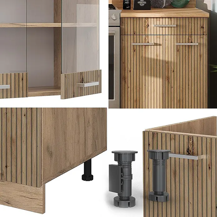 Vicco Küchenzeile R-Line Artisan-Eiche/Goldkraft Eiche ohne Arbeitsplatte - Artisan-Eiche, Ohne Elektrogeräte - Modulare Küchenschränke aus hellem Holz mit gerippten Fronten und Glastüren, gezeigt mit verstellbaren schwarzen Möbelfüßen.