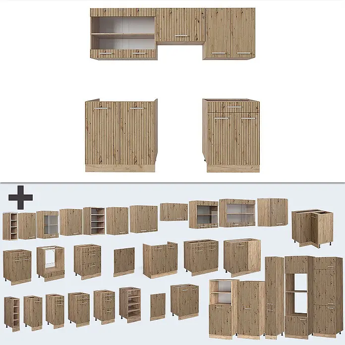 Vicco Küchenzeile R-Line Artisan-Eiche/Goldkraft Eiche ohne Arbeitsplatte - Artisan-Eiche, Ohne Elektrogeräte - Modulare Küchenschränke aus hellem Holz mit vertikaler Lamellenstruktur.