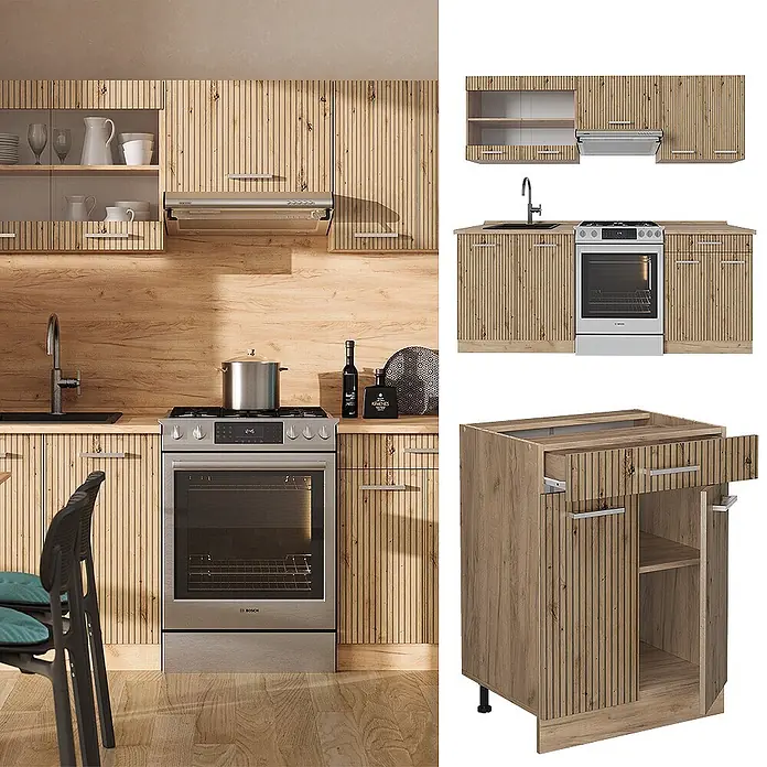 Vicco Küchenzeile R-Line Artisan-Eiche/Goldkraft Eiche ohne Arbeitsplatte - Artisan-Eiche, Ohne Elektrogeräte - Modulare Küchenschränke in heller Holzoptik mit geriffelter Oberfläche, gezeigt als komplette Küche und Einzelkomponenten.