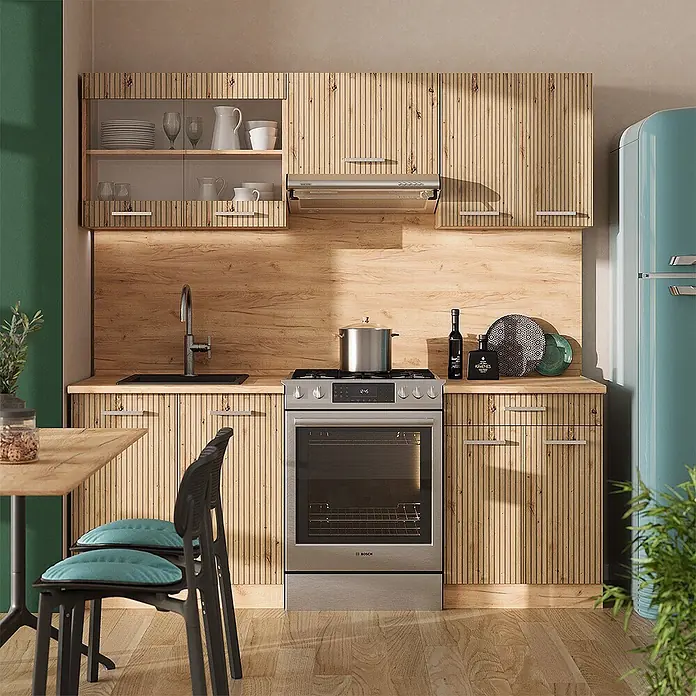 Vicco Küchenzeile R-Line Artisan-Eiche/Goldkraft Eiche ohne Arbeitsplatte - Breite: 200 cm, Artisan-Eiche, Ohne Elektrogeräte - Freistehender Bosch Backofen aus Edelstahl in einer modernen Küche mit Naturholzschränken.