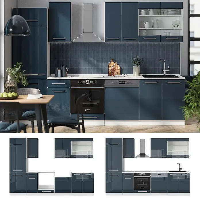 Vicco Küchenzeile Fame-Line Dunkelblau Hochglanz/Weiß, AP Marmor - Breite: 300 cm, Dunkelblau Hochglanz, Ohne Elektrogeräte - Moderne, glänzend blaue Modulküche mit integriertem Backofen, Geschirrspüler, Spüle und Dunstabzugshaube.