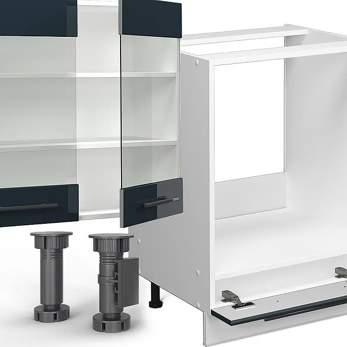 Vicco Küchenzeile Fame-Line, Dunkelblau Hochglanz/Weiß, 300 cm -  - Modulare Küchenschrankkomponenten: weißer Unterschrank, dunkelblauer und Glas-Oberschrank, sowie dunkelgraue Stellfüße.