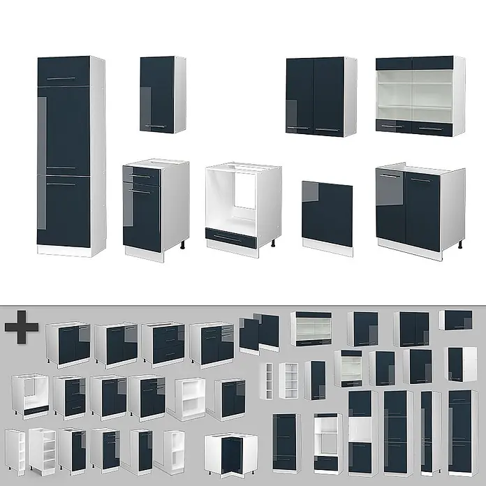 Vicco Küchenzeile Fame-Line Dunkelblau Hochglanz/Weiß, AP Marmor - Breite: 300 cm, Dunkelblau Hochglanz, Ohne Elektrogeräte - Kollektion dunkelblau glänzender und weißer modularer Küchenschränke, verschiedene Typen.