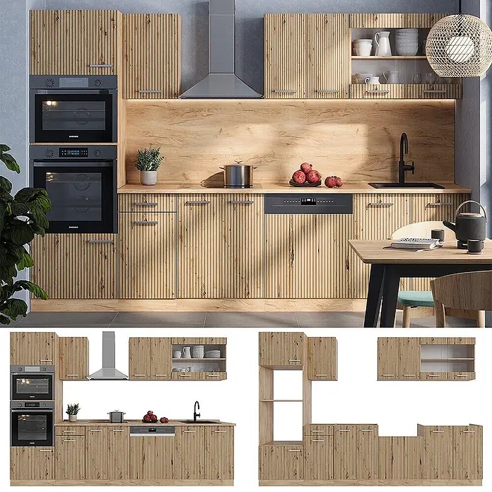 Vicco Küchenzeile R-Line Artisan-Eiche mit Hochschrank, ohne Arbeitsplatte - Artisan-Eiche, Ohne Elektrogeräte - Moderne Küchenmöbel aus Naturholz mit vertikaler Lamellenstruktur, inkl. integrierter Öfen, Kochfeld, Spüle und Geschirrspüler.