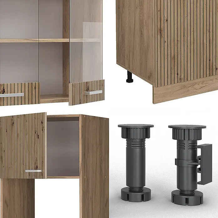 Vicco Küchenzeile R-Line Artisan-Eiche mit Hochschrank, ohne Arbeitsplatte - Artisan-Eiche, Ohne Elektrogeräte - Modulare Schrankkomponenten in heller Holzoptik mit gerillten Türen und Glas, dazu verstellbare schwarze Kunststofffüße.