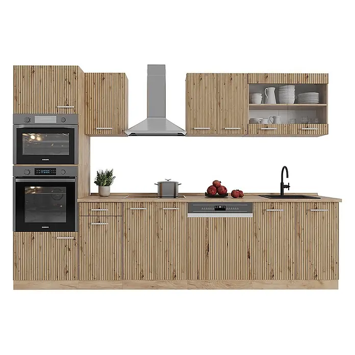 Vicco Küchenzeile R-Line Artisan-Eiche mit Hochschrank, ohne Arbeitsplatte - Artisan-Eiche, Ohne Elektrogeräte - Moderne Küchenzeile mit heller Holzoptik, vertikal gerillten Schränken, integrierten Öfen, Kochfeld, Spülmaschine, Spüle und Dunstabzugshaube.