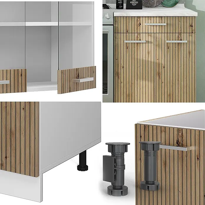 Vicco Küchenzeile R-Line Artisan Eiche/Weiß, AP Eiche - Artisan-Eiche, Ohne Elektrogeräte - Modulare Küchenschrankelemente: geriffelte helle Holztüren, Schubladen, Glastüren, silberne Griffe und verstellbare Füße.
