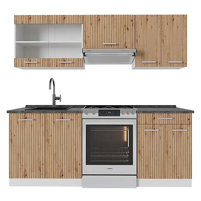 Vicco Küchenzeile R-Line Artisan Eiche/Weiß, AP Anthrazit - Breite: 200 cm, Artisan-Eiche, Ohne Elektrogeräte - Küchenschrank-Set in Holzoptik mit Spüle, Herd und Dunstabzugshaube. Vertikales Lamellendesign, dunkle Arbeitsplatte.