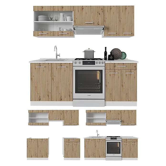 Vicco Küchenzeile R-Line Artisan Eiche/Weiß, AP Eiche - Artisan-Eiche, Ohne Elektrogeräte - Modulare Küchenmöbel mit hellen Holzlamellenfronten, weißen Arbeitsplatten, Spüle und Herd.