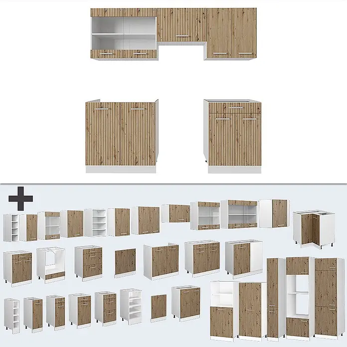 Vicco Küchenzeile R-Line Artisan Eiche/Weiß, AP Eiche - Artisan-Eiche, Ohne Elektrogeräte - Modulares Küchenschrank-Set mit hellen Lamellenholzfronten und weißen Rahmen, das verschiedene Ober-, Unter- und Hochschränke zeigt.