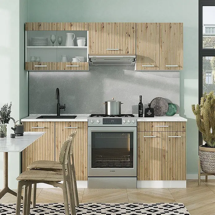 Vicco Küchenzeile R-Line Artisan Eiche/Weiß, AP Eiche - Artisan-Eiche, Ohne Elektrogeräte - Moderne Küche mit hellen Holzschränken mit vertikalen Lamellen, weißen Arbeitsplatten, integrierter Spüle und Edelstahlgeräten.