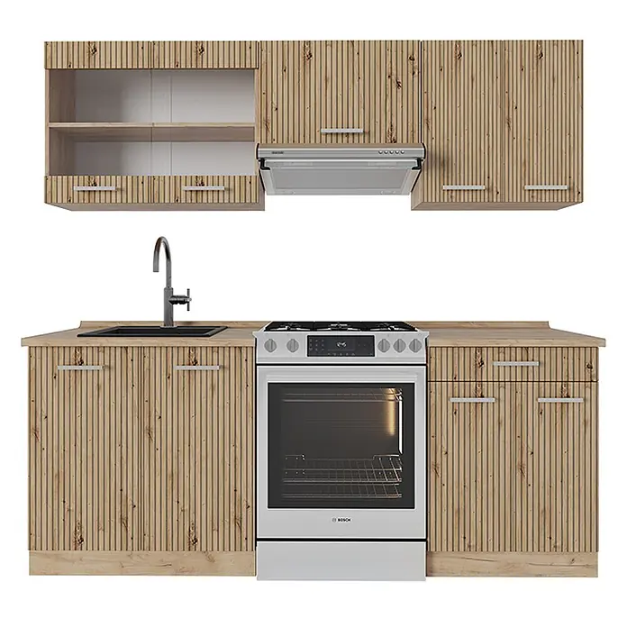 Vicco Küchenzeile R-Line Artisan-Eiche/Goldkraft Eiche ohne Arbeitsplatte - Breite: 200 cm, Artisan-Eiche, Ohne Elektrogeräte - Komplette Küchenzeile mit hellen Holzschränken in Lamellenoptik, schwarzer Spüle und silbernem Herd.