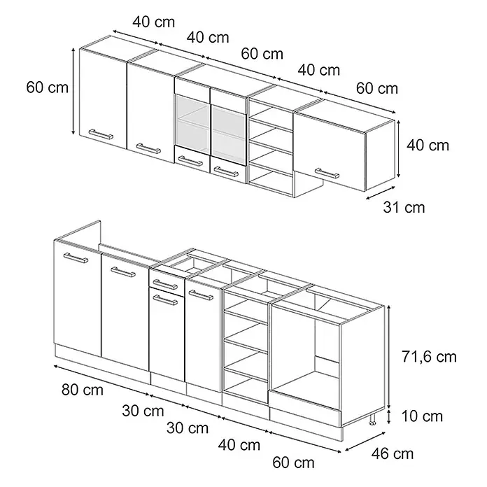 Vicco Küchenzeile R-Line Schwarz Beton/Anthrazit ohne Arbeitsplatte - Schwarz Beton, Ohne Elektrogeräte - Detaillierte Strichzeichnung modularer Küchenschränke, zeigt Ober- und Unterschränke mit Maßen.