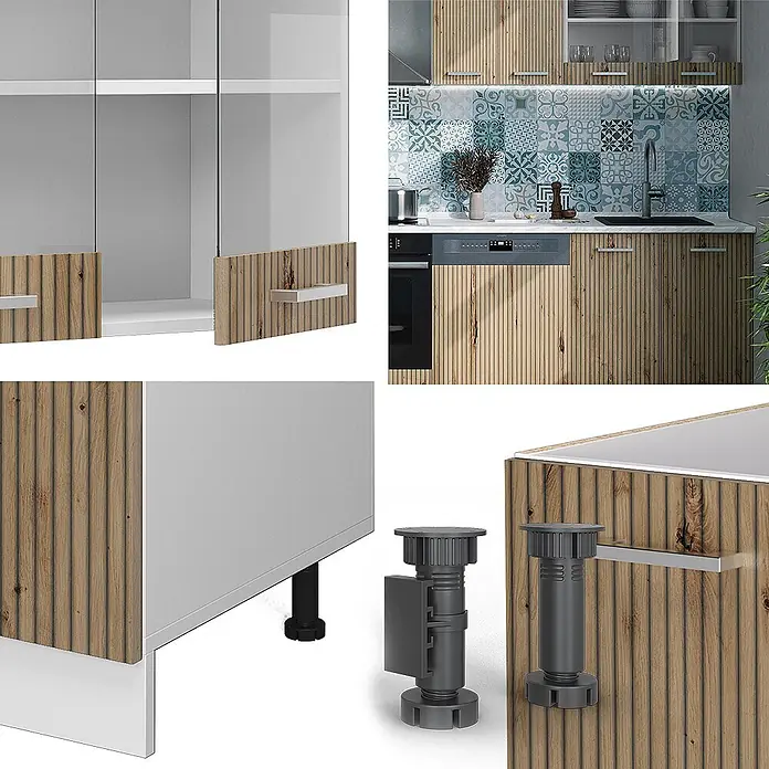 Vicco Küchenzeile R-Line Artisan Eiche/Weiß, AP Anthrazit - Breite: 300 cm, Artisan-Eiche, Ohne Elektrogeräte - Küchenschränke mit geriffelten hellen Holzfronten und Klarglastüren, gezeigt mit verstellbaren dunkelgrauen Kunststofffüßen.