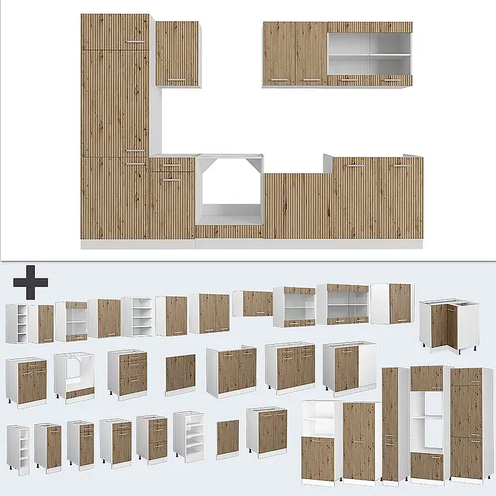 Vicco Küchenzeile R-Line Artisan Eiche/Weiß, AP Anthrazit - Breite: 300 cm, Artisan-Eiche, Ohne Elektrogeräte - Modulares Küchenschrank-Set mit hellbraunen Holzoptik-Fronten mit vertikalen Lamellen und weißen Rahmen. Enthält verschiedene Einheiten für die individuelle Küchenmontage.