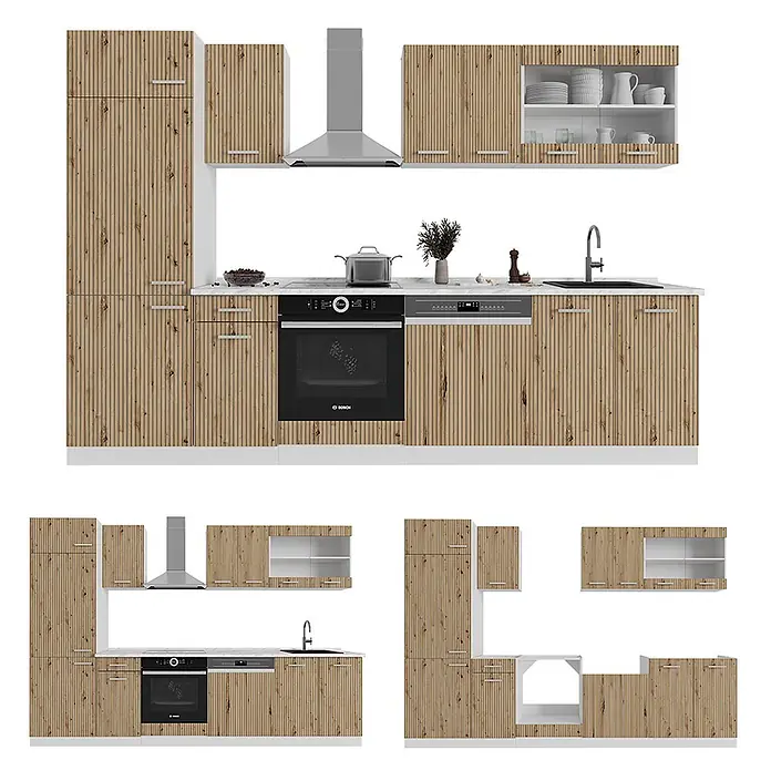 Vicco Küchenzeile R-Line Artisan Eiche/Weiß, AP Anthrazit - Breite: 300 cm, Artisan-Eiche, Ohne Elektrogeräte - Modulare Küchenzeile mit hellbraunen, vertikal gerillten Holzfronten, integrierten Geräten und weißer Arbeitsplatte.