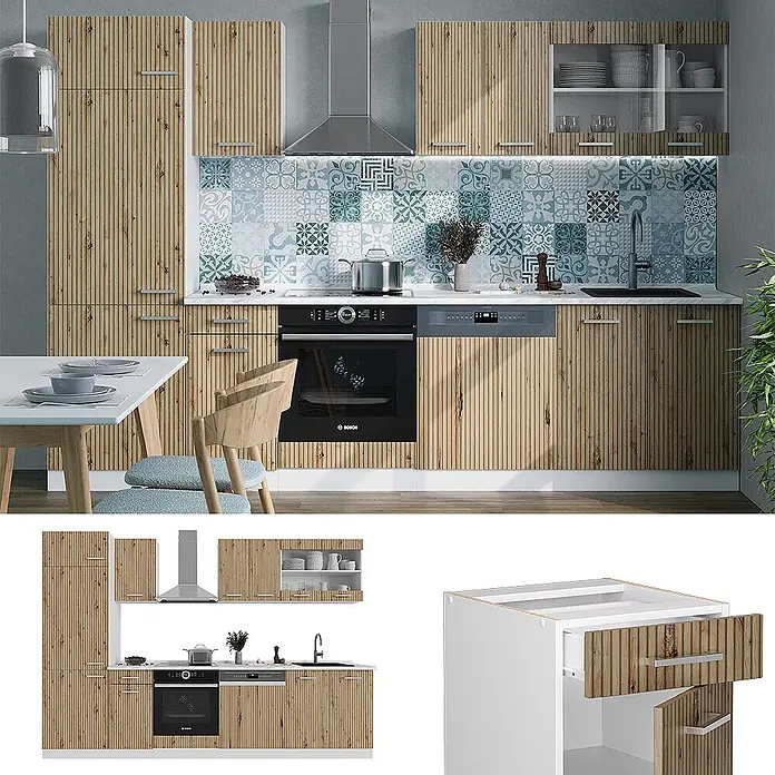 Vicco Küchenzeile R-Line Artisan Eiche/Weiß, AP Anthrazit - Breite: 300 cm, Artisan-Eiche, Ohne Elektrogeräte - Moderne Küchenschrank-Garnitur aus hellem Holz mit vertikal geriffelter Textur, inkl. Backofen, Spüle und Geschirrspüler.