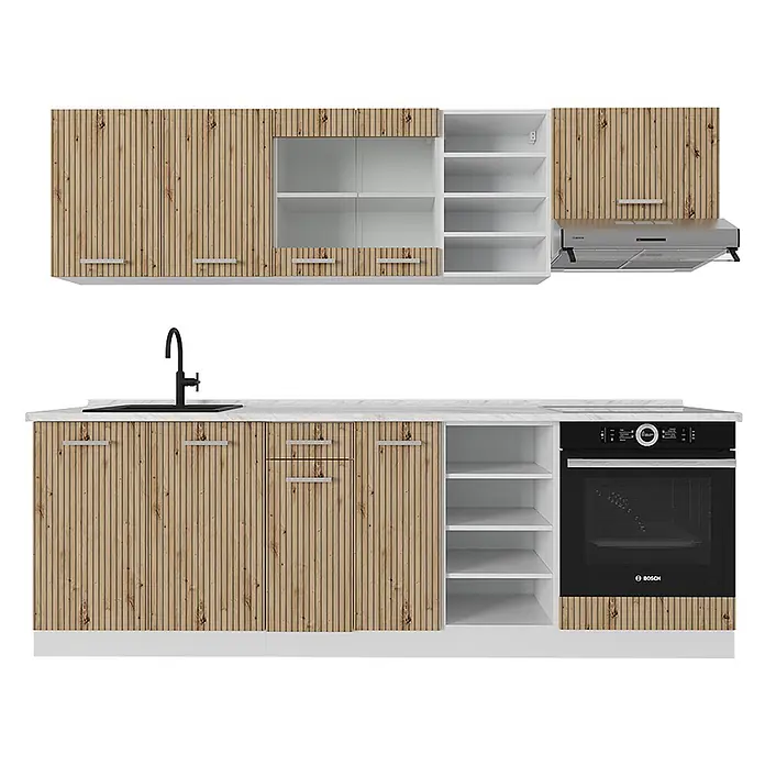 Vicco Küchenzeile R-Line Artisan Eiche/Weiß ohne Arbeitsplatte - Breite: 240 cm, Artisan-Eiche, Ohne Elektrogeräte - Küchenzeile mit Holzlamellenschränken, weißer Arbeitsplatte, schwarzer Spüle, Armatur und integriertem Backofen. Mit Ober-/Unterschränken & offenen Regalen.