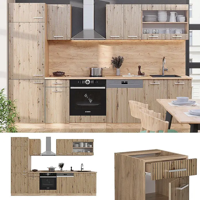 Vicco Küchenzeile R-Line Artisan-Eiche/Goldkraft Eiche ohne Arbeitsplatte - Artisan-Eiche, Ohne Elektrogeräte - Helle Holzoptik-Küchengarnitur mit vertikal gerillten Schrankfronten und integrierten Geräten in moderner Küchenumgebung.