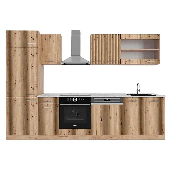 Vicco Küchenzeile R-Line Artisan-Eiche/Goldkraft Eiche, AP Marmor - Breite: 300 cm, Artisan-Eiche, Ohne Elektrogeräte - Moderne Küchenzeile mit geriffelten hellen Holzschränken, weißer Arbeitsplatte, schwarzem Backofen, Geschirrspüler, Spüle und silberner Dunstabzugshaube.