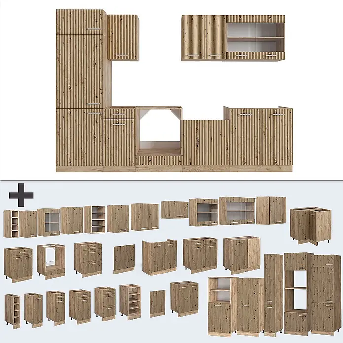 Vicco Küchenzeile R-Line Artisan-Eiche/Goldkraft Eiche ohne Arbeitsplatte - Artisan-Eiche, Ohne Elektrogeräte - Modulare Küchenschränke aus hellem Holz mit vertikal gestreifter Textur. Zeigt komplette Einrichtung und Einzelkomponenten.