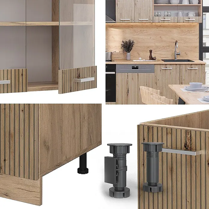 Vicco Küchenzeile R-Line Artisan-Eiche/Goldkraft Eiche ohne Arbeitsplatte - Artisan-Eiche, Ohne Elektrogeräte - Küchenschränke in heller Holzoptik mit vertikalen Rillen und Glastüren. Inklusive verstellbarer Füße.