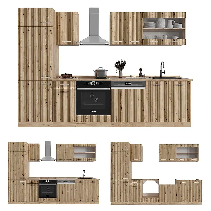 Vicco Küchenzeile R-Line Artisan-Eiche/Goldkraft Eiche ohne Arbeitsplatte - Artisan-Eiche, Ohne Elektrogeräte - Modulares Küchenset mit hellen Holzfronten in Rillenoptik, Backofen, Spülmaschine, Spüle und Dunstabzugshaube. Verschiedene Konfigurationen.