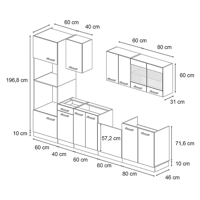 Vicco Küchenzeile R-Line Artisan-Eiche mit Hochschrank, ohne Arbeitsplatte - Artisan-Eiche, Ohne Elektrogeräte - Modulare Küchenschrank-Set: hellfarbene Wand-, Unter- und Hochschränke mit Spülbereich.