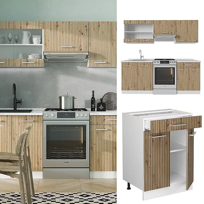Vicco Küchenzeile R-Line Artisan Eiche/Weiß, AP Marmor - Breite: 200 cm, Artisan-Eiche, Ohne Elektrogeräte - Moderne Küchenzeile mit hellbraunen, gerippten Holzoptik-Schranktüren und weißen Rahmen, inklusive Ober- und Unterschränken, Ofen und Spüle.