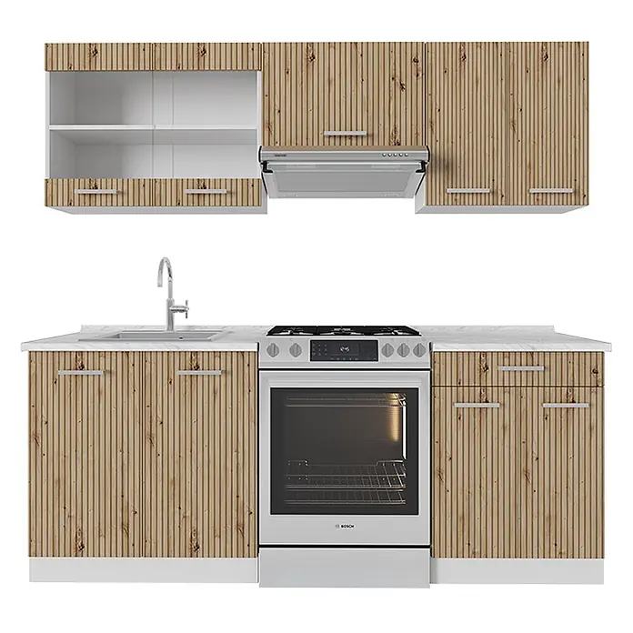 Vicco Küchenzeile R-Line Artisan Eiche/Weiß, AP Marmor - Breite: 200 cm, Artisan-Eiche, Ohne Elektrogeräte - Küchenzeile in Holzoptik mit weißen Arbeitsplatten, Spüle, Ofen und Dunstabzugshaube. Mit Ober- und Unterschränken.