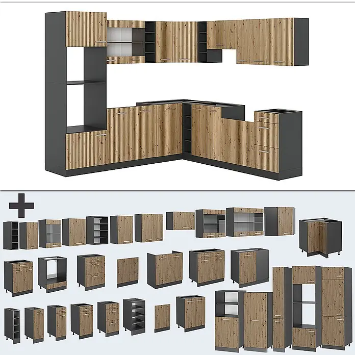 Vicco Eckküche R-Line Artisan Eiche/Anthrazit, AP Eiche - Artisan-Eiche, Ohne Elektrogeräte - Modulares Küchensystem mit dunkelgrauen Korpen und hellen Lamellenholzfronten.